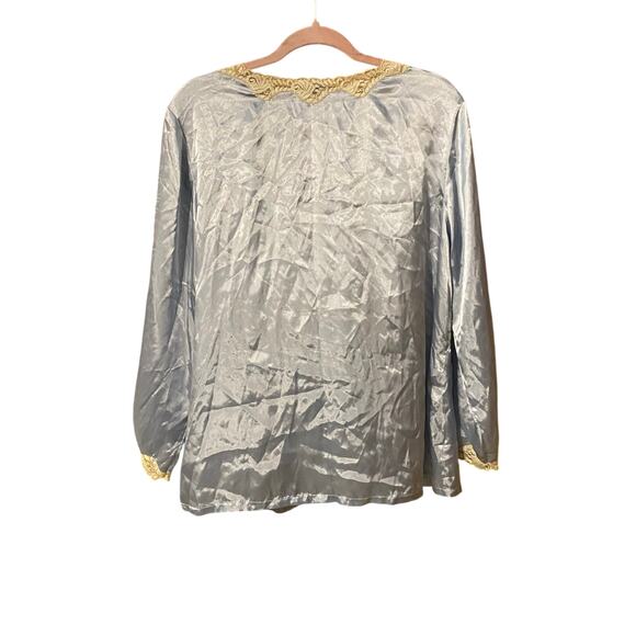 VTG Laura Ashley London 3-Piece Satin Lounge Set Robe Top Pants Blue Lace Large - Picture 8 of 15